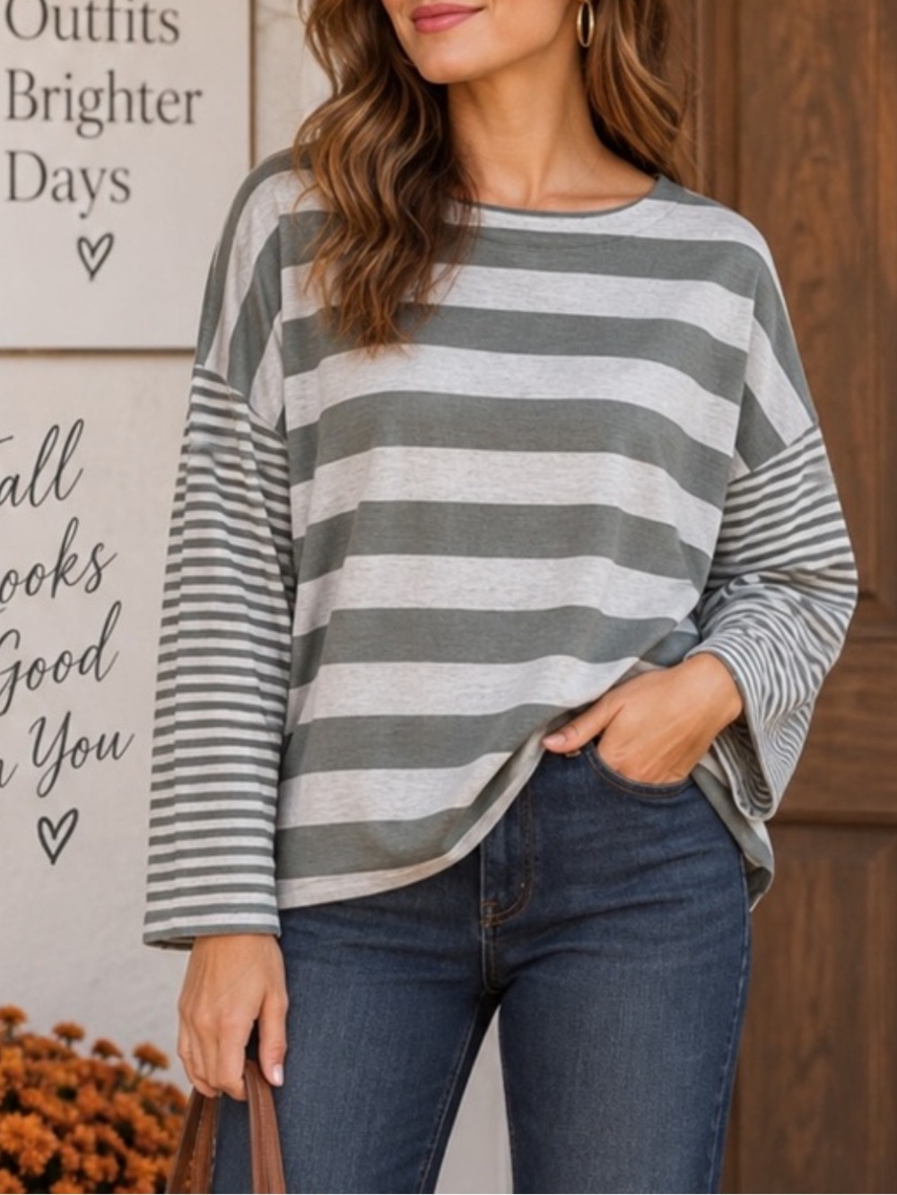 J. Jill Varied Striped Long-Sleeve Boatneck Tee Size S 6-8 Sage Green Oat Stripe